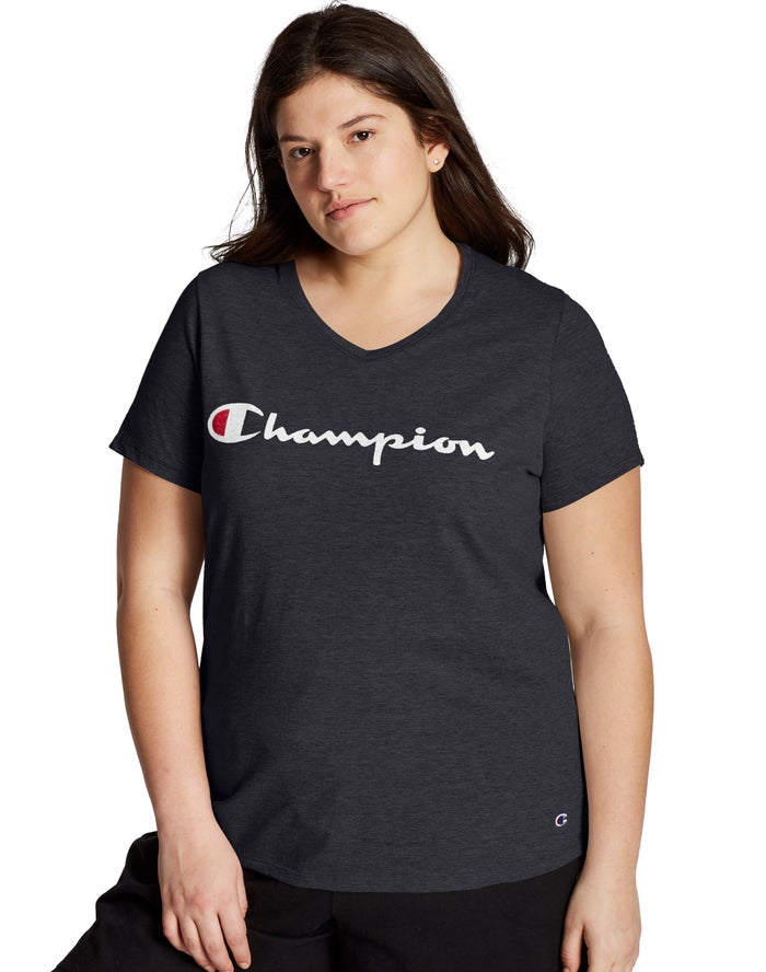 Champion Womens T-Shirt NZ - Plus Jersey V-Neck Script Logo Black ( 7958-GPFYK )